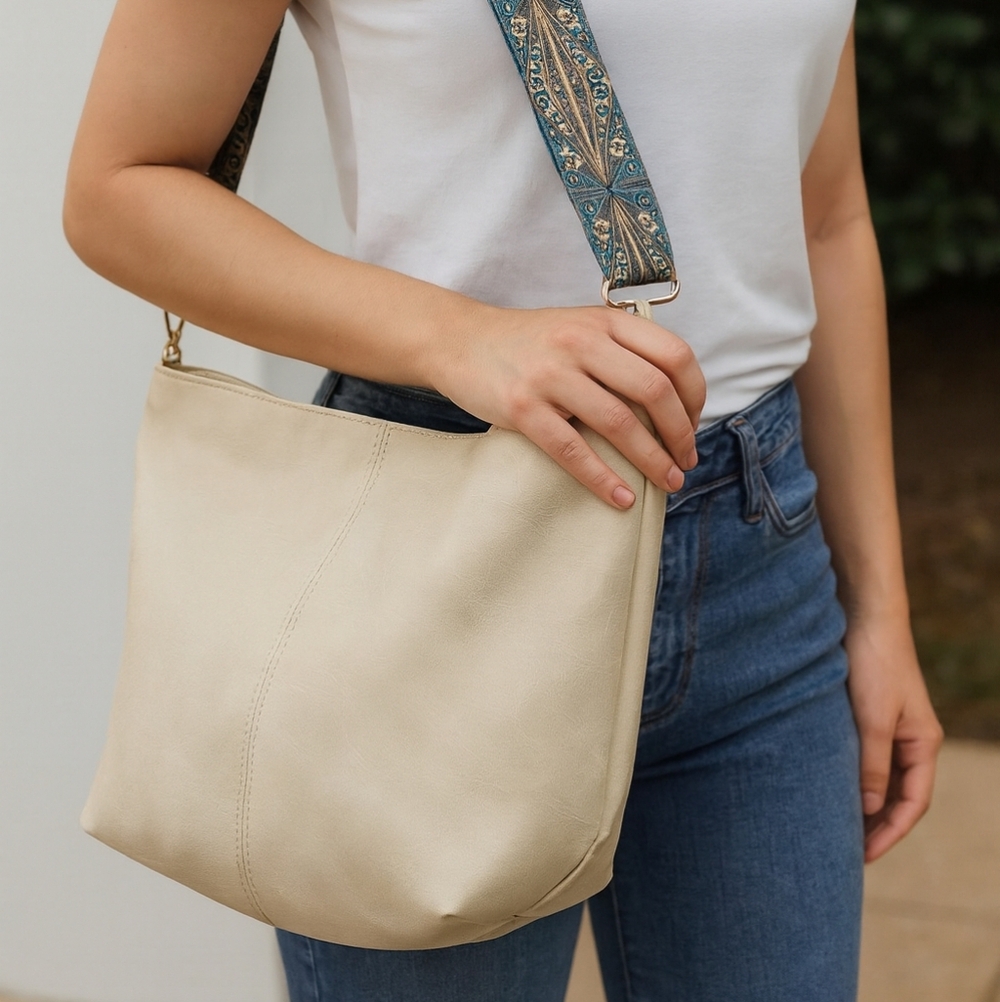Unisex Creamy White Pu Leather Tote Bag with Patterned Boho Strap